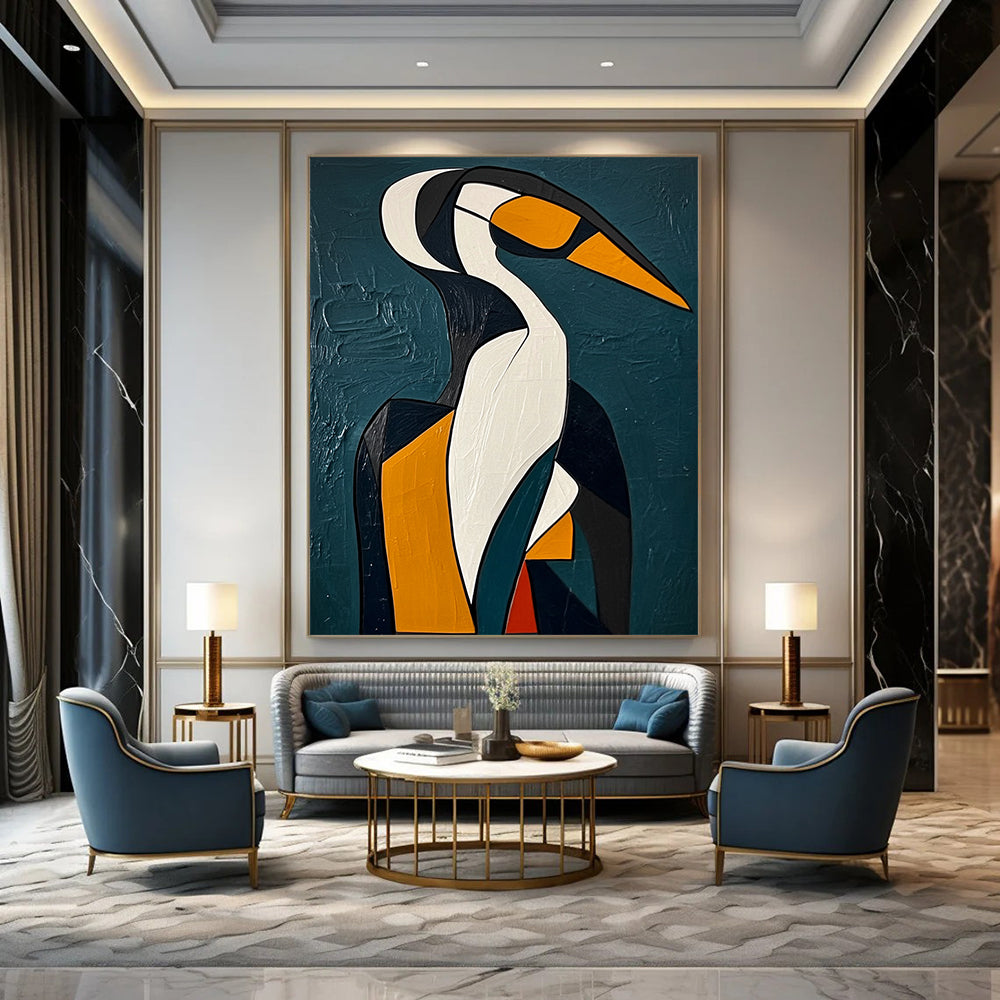 Contemporary abstract painting featuring a Cubist-inspired penguin with geometric woman amidst dark blue-green background and thick brushstrokes. DLZ1433