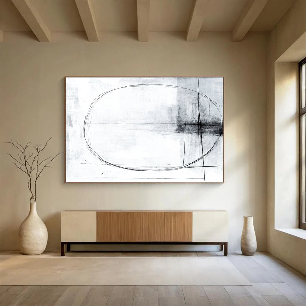 “Minimalist Lines” - Black, White with Simple Geometric Lines - Abstract Charcoal Drawing HB1344
