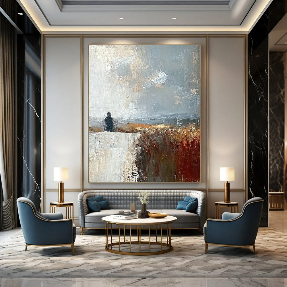 Contemporary abstract painting featuring muted brown grey and blue landscape under a large white sky creating a detailed and moody atmosphere. DLZ0487