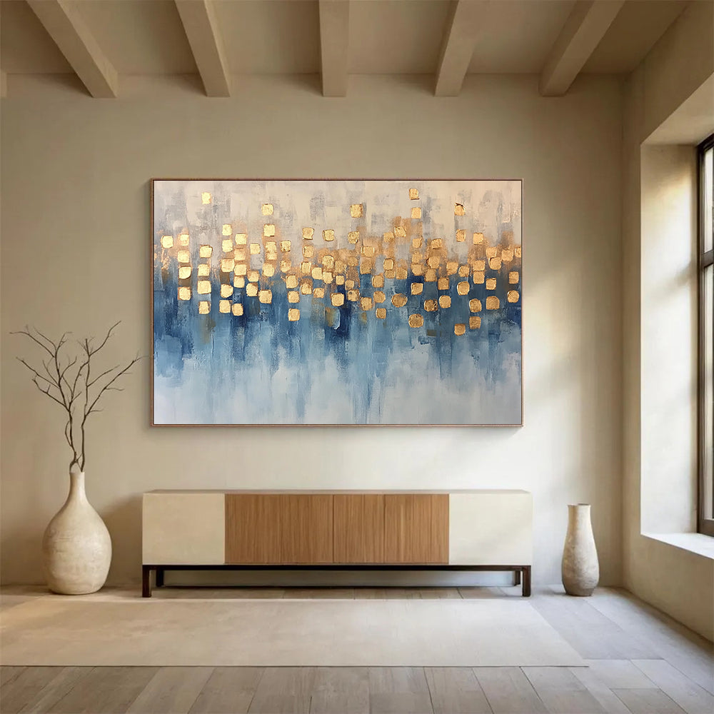 “Blue and Gold Dots” - Blue, Gold, White, Abstract Dotted Painting On Canvas HB1055