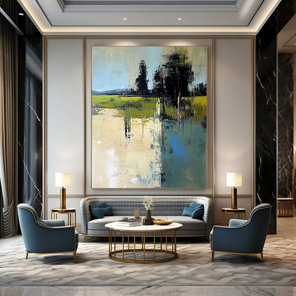 Contemporary hand-painted abstract artwork featuring an Italian landscape with muted beige greens and blues in a minimalist style. DLZ0463