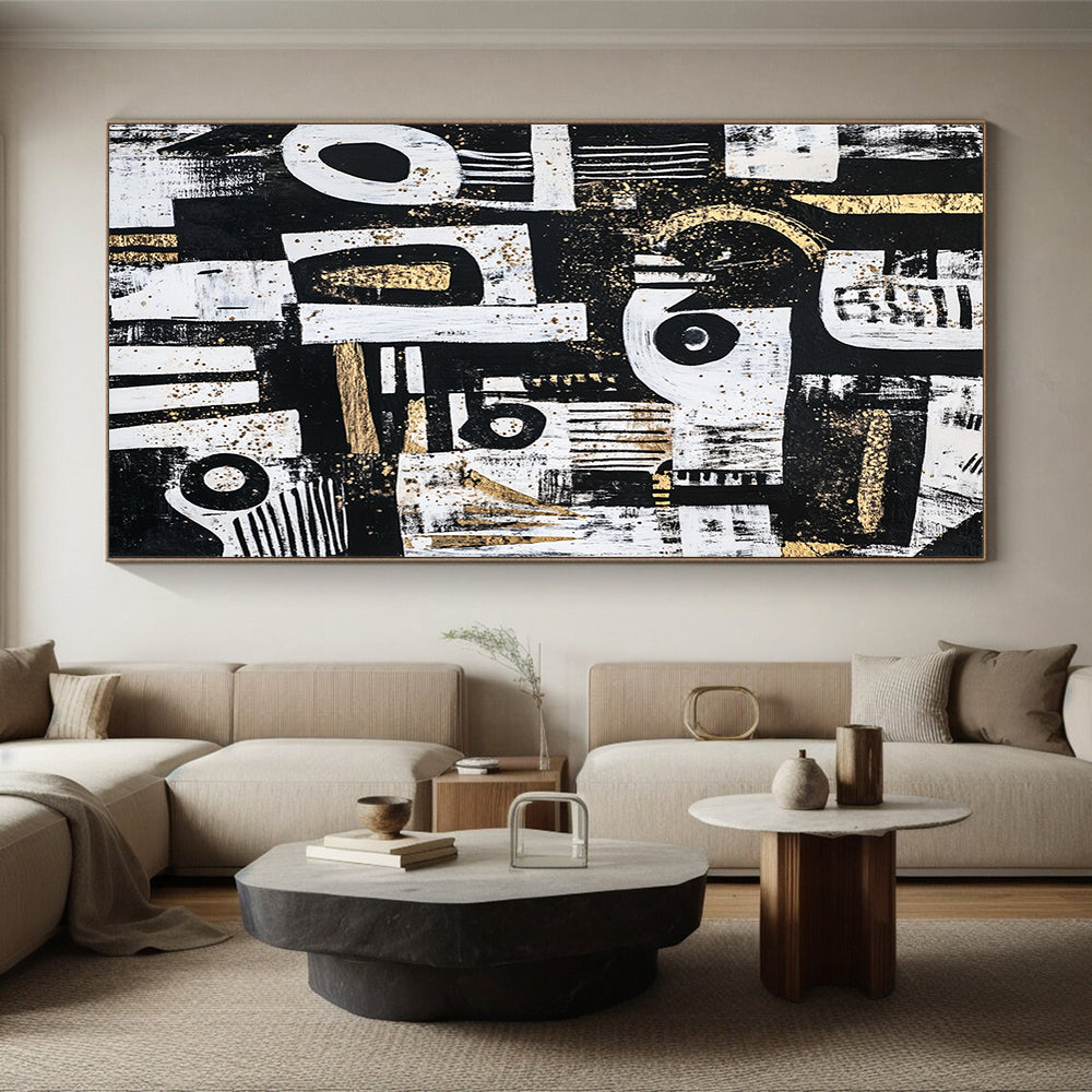 Black, White, Gold and Gray Abstract Symbols "Mystic Symbols" Painting On Canvas HB342
