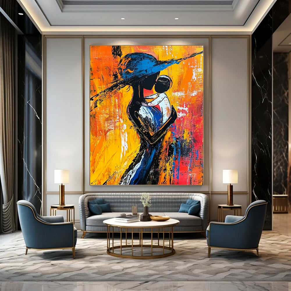Contemporary abstract painting showcasing a woman in black and white with a blue hat surrounded by warm reds yellows and oranges vibrant brush strokes. DLZ1499