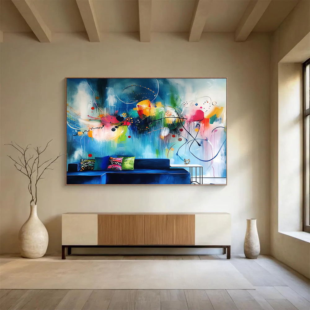 “Vibrant Abstract Wall Mural - Inspired Living Room Art” - Blue, Colorful, Abstract Large - scale Painting On Canvas HB1091