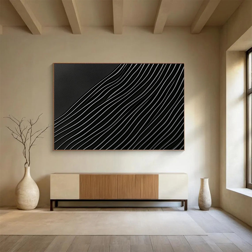 “Curved Black & Silver Lines” - Blacks, Silvers, Abstract Wave Lines - Mixed Media Art HB1623