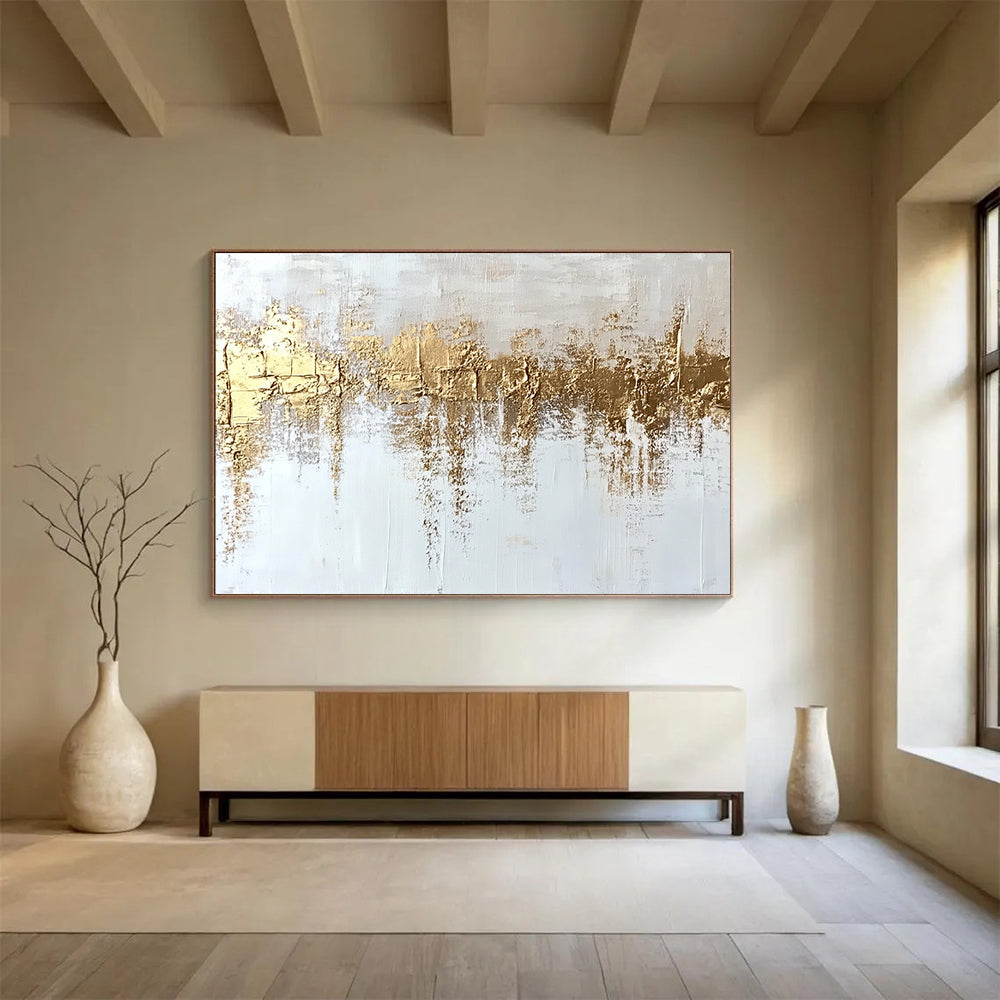 “Gold - Textured White Abstract” - White, Gold, Textured Abstract Layers Painting On Canvas HB0884
