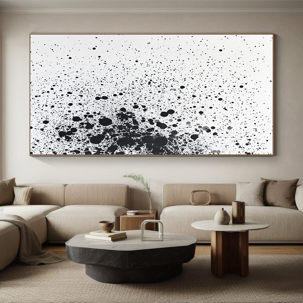 Black Dots & Splatter on White - “Random Ink Energy” Painting On Canvas HB226