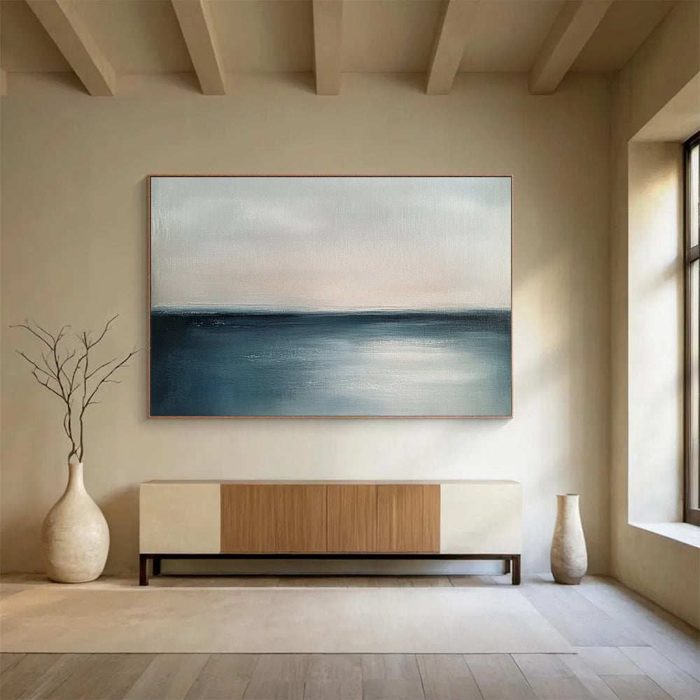 “Serene Horizon” - Soft Gray and Deep Blue, Calm Sea and Sky Painting On Canvas HB0906