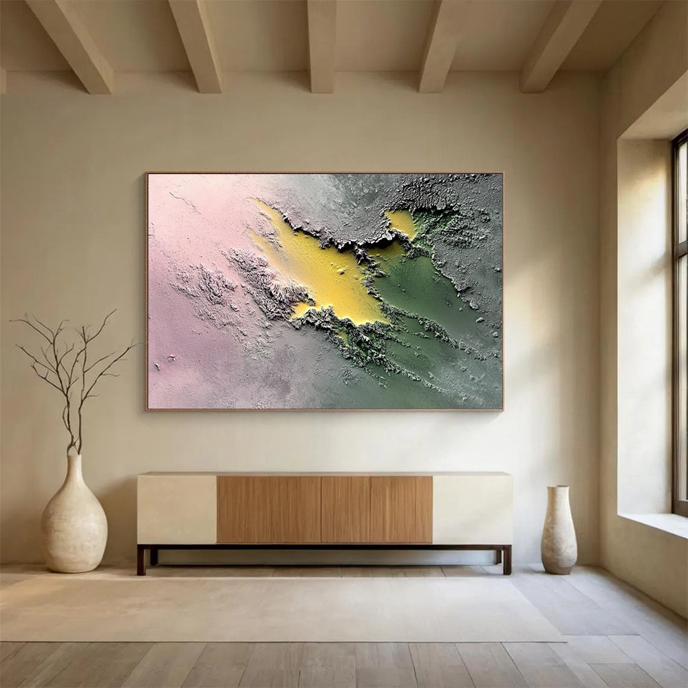 “Colorful Textured Terrain” - Pink, Yellow, Green, Textured Abstract Painting On Canvas HB0780