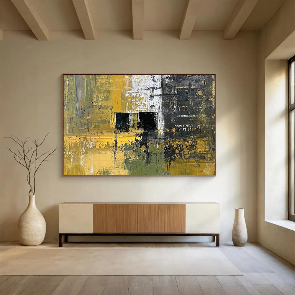 “Industrial Yellow - Green Abstract” - Yellow, Green, Black with Geometric Shapes - Painting On Canvas HB1397
