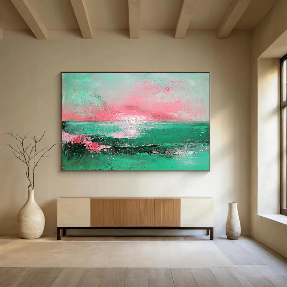 “Pastel Sea Sunset” - Mint, pink, sea scene, Abstract Landscape Painting On Canvas HB0560