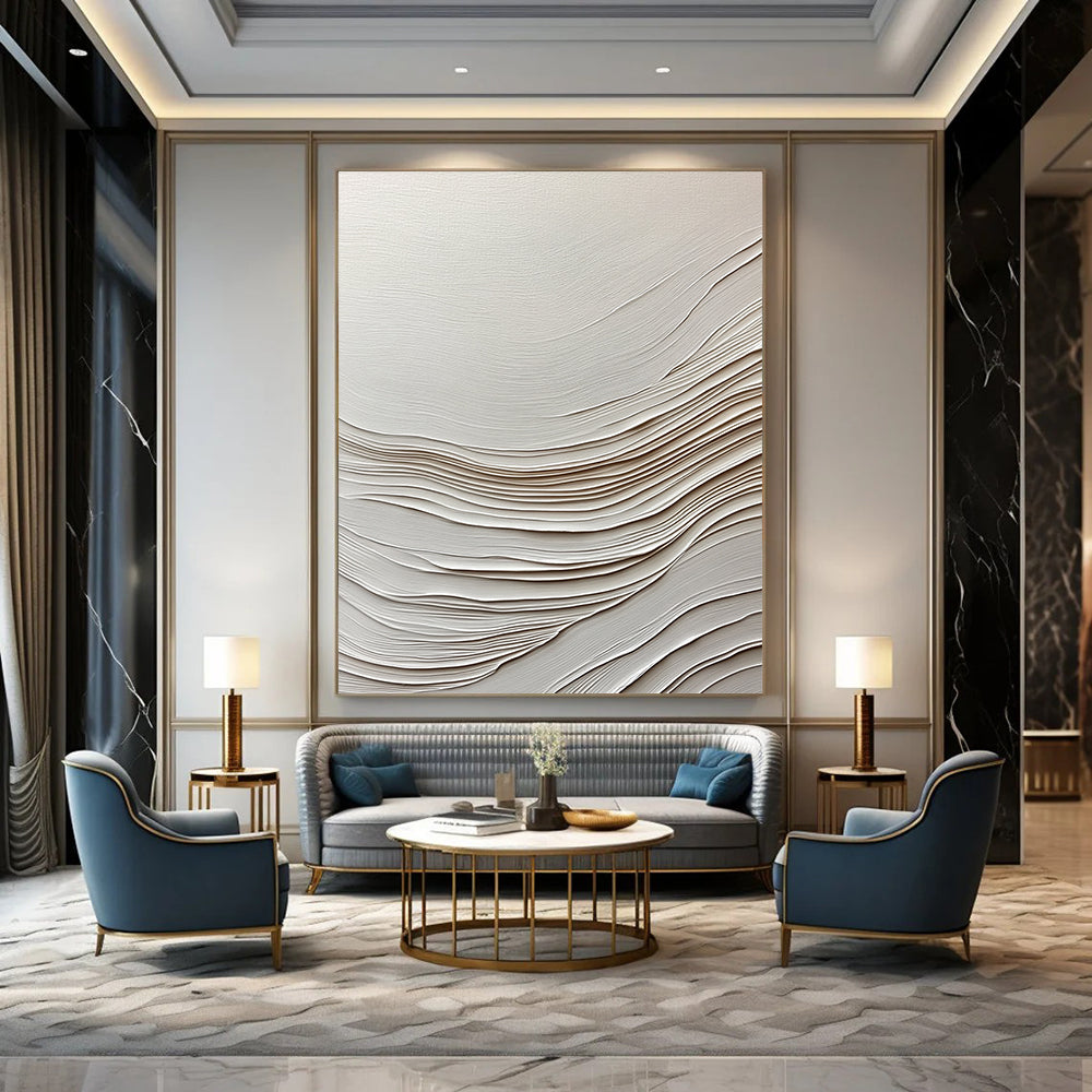 Contemporary hand-painted abstract artwork features smooth white paper with gentle wave-like lines, creating a serene and elegant visual experience. DLZ1233