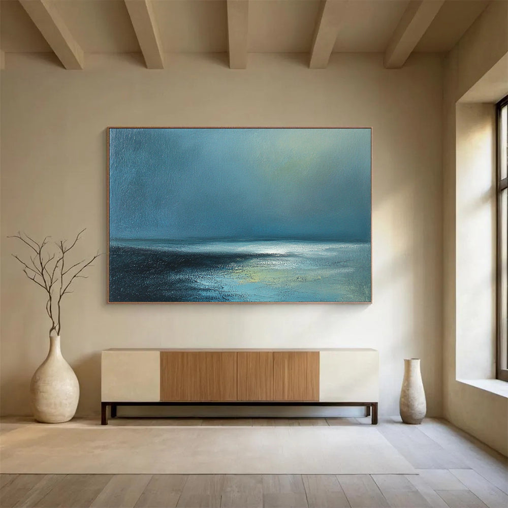 “Deep Blue Sea” - Dark Blue, Light Blue, Hints of Green, Calm Ocean and Sky Painting On Canvas HB0922