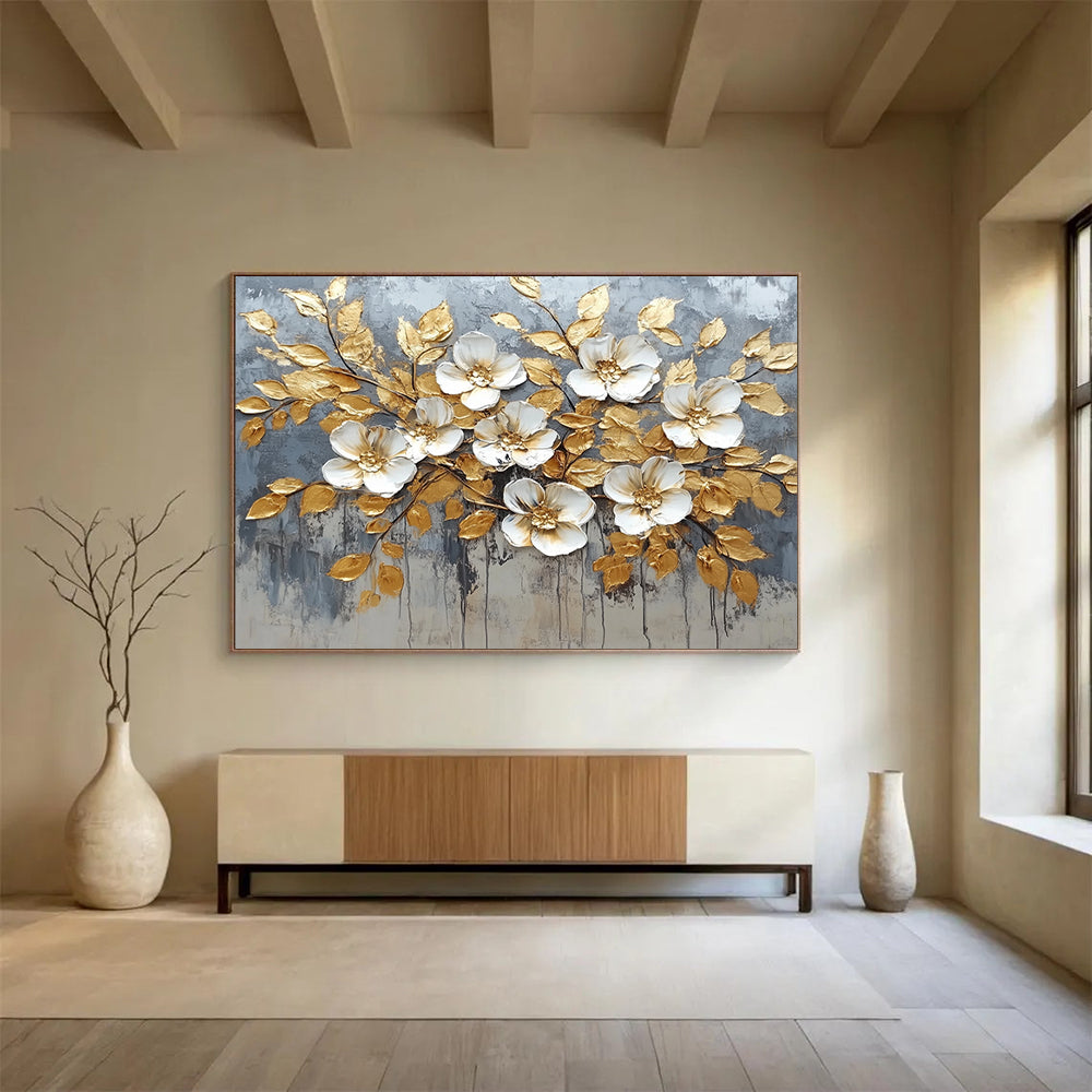 “Golden - Leafed White Flowers” - Gray background, gold leaves, white flowers, Textured Floral Painting On Canvas HB0586