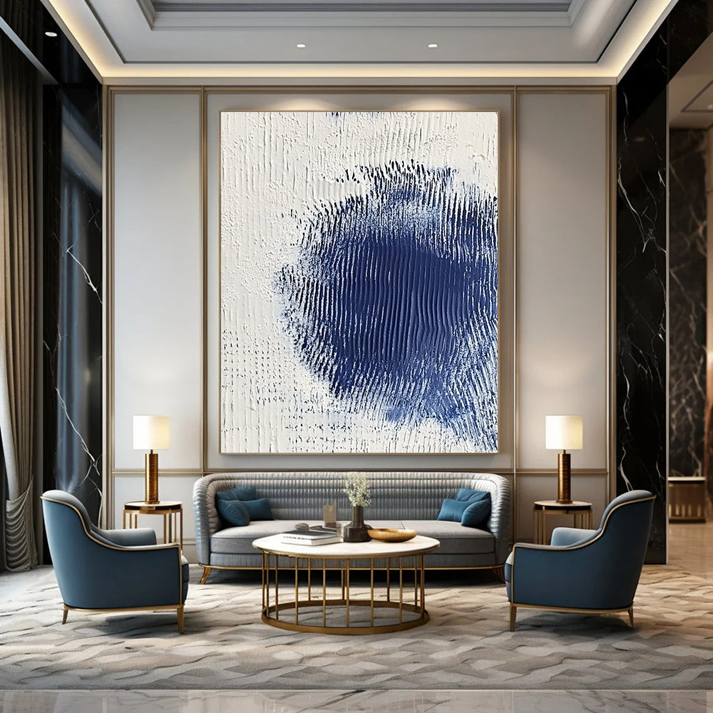 Contemporary abstract art featuring serene white and blue textures with a central dark blue spot creating depth and minimalistic elegance. DLZ1223