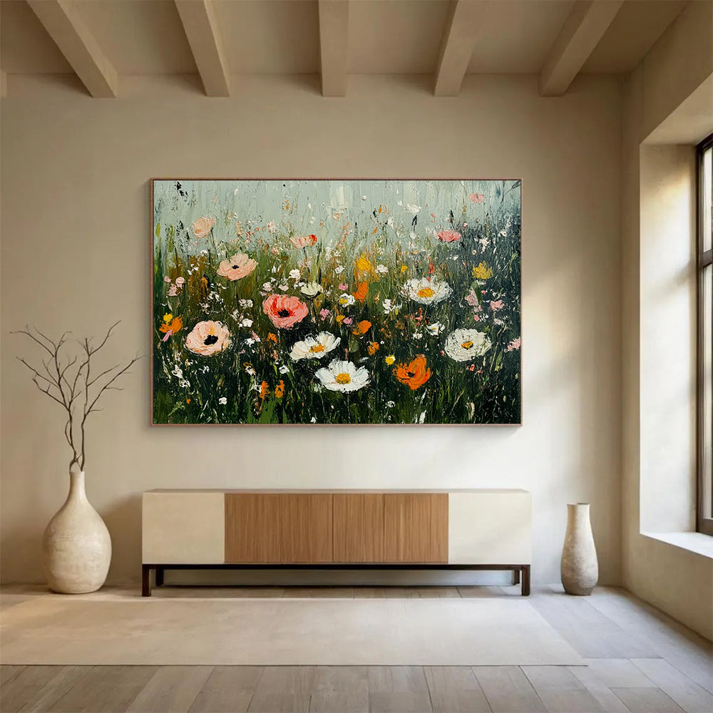“Wildflower Meadow Impasto” - Colorful wildflowers in pink, white, orange, Impasto Floral Painting On Canvas HB0545