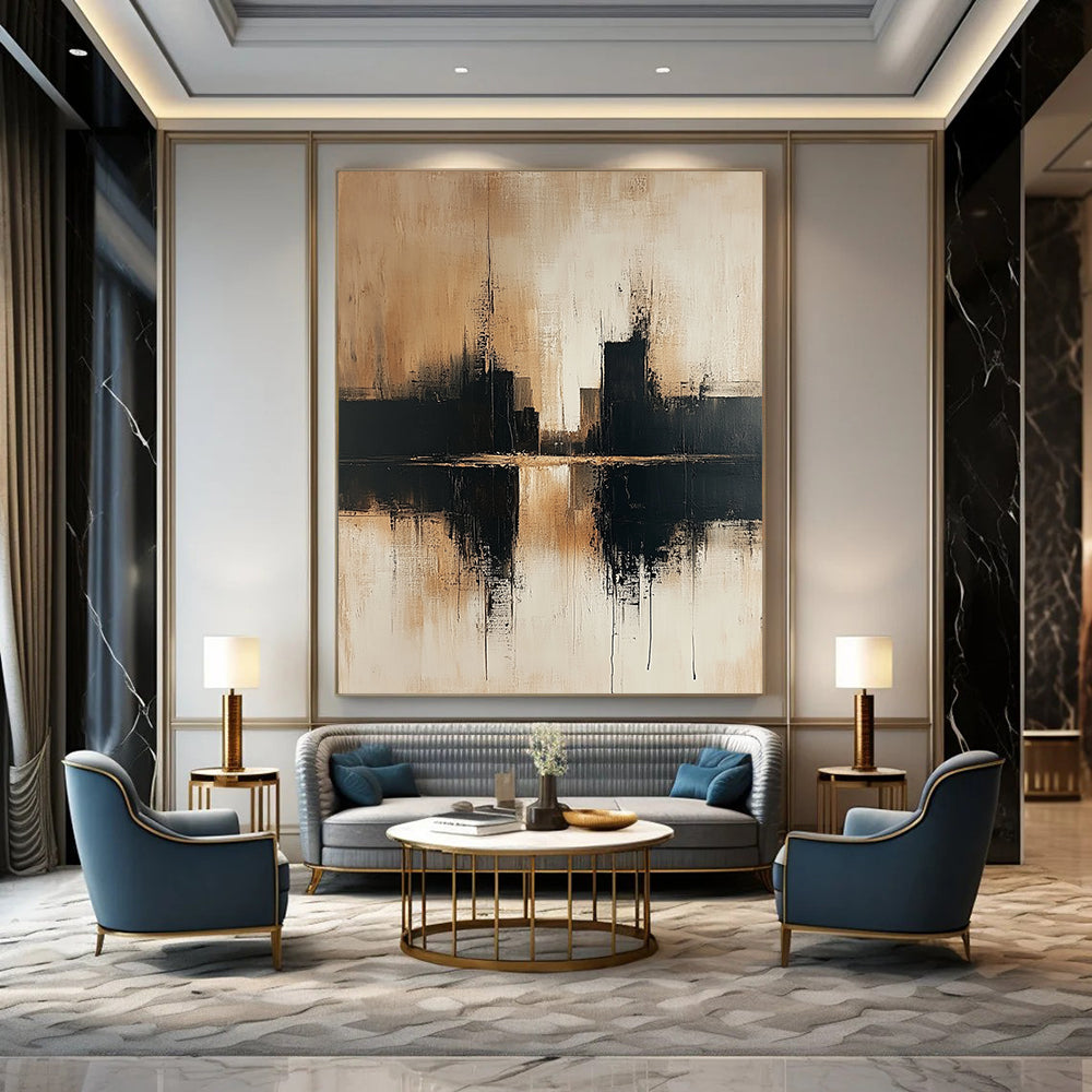 Contemporary abstract art showcasing an urban cityscape in beige and black tones on a textured canvas with a minimalist style and neutral palette. DLZ0465