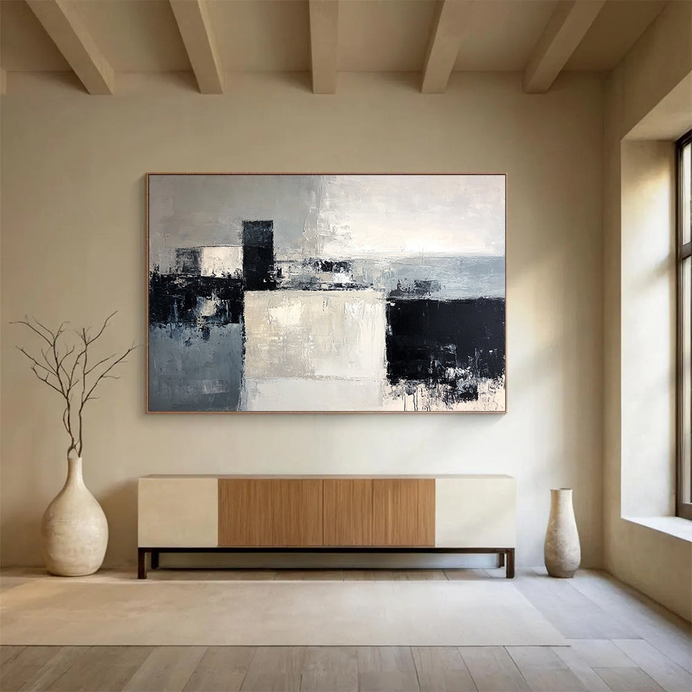 “Geometric Abstract in Gray and Black” - Gray, black, white; Geometric shapes in gray, black, and white; Textured Acrylic Painting On Canvas HB1204