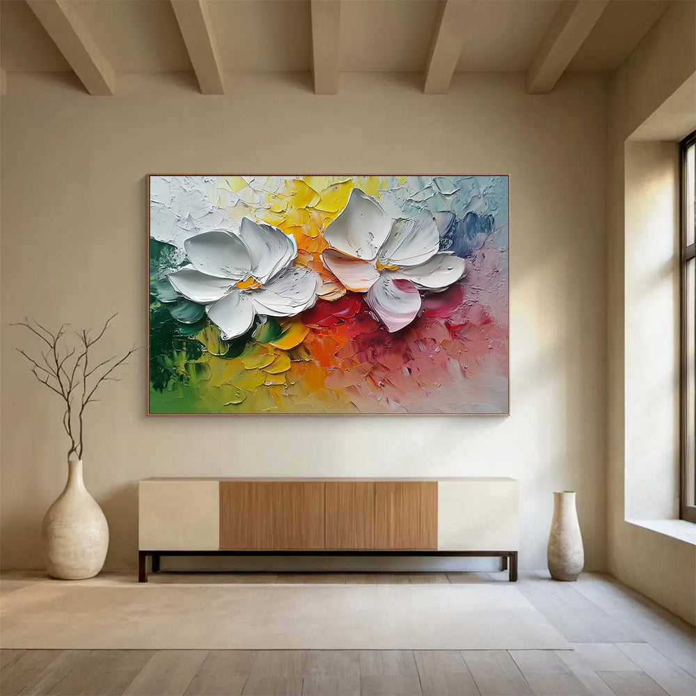 “3D White Flowers on Colorful Background” - White, Yellow, Red, Green, Impasto Floral Painting On Canvas HB1015