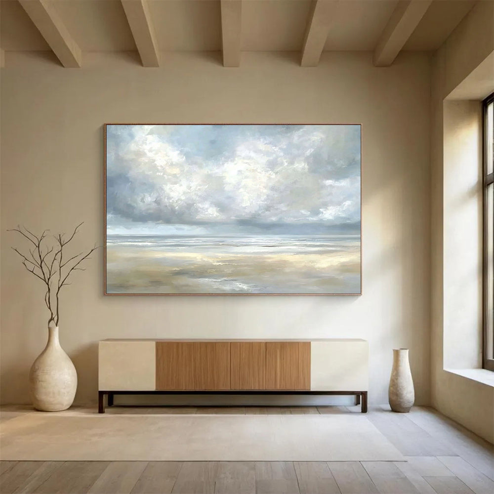 “Misty Coastal Calm” - Gray, Blue, Beige, Tranquil Seaside Clouds Painting On Canvas HB1027