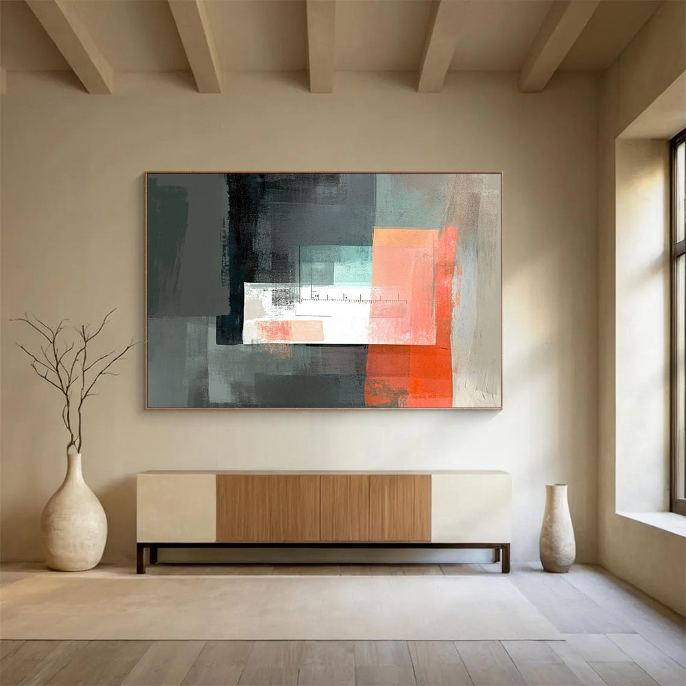 “Abstract Geometric with Ruler” - Gray, Coral, Teal, Geometric Shapes with Ruler Painting On Canvas HB0861