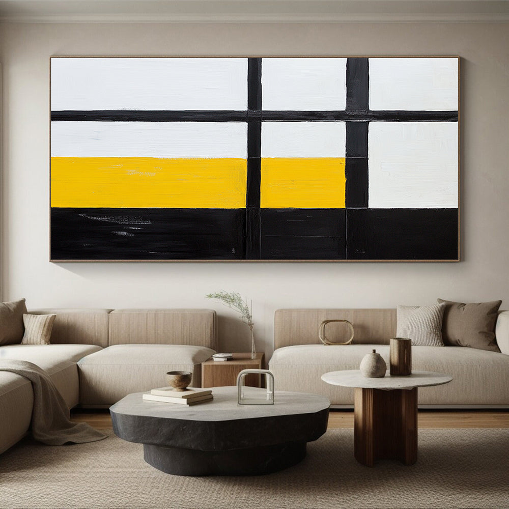 Black, White, Yellow, Geometric Squares "Primary Geometric Squares" Abstract Neo - Platicist Painting On Canvas HB159