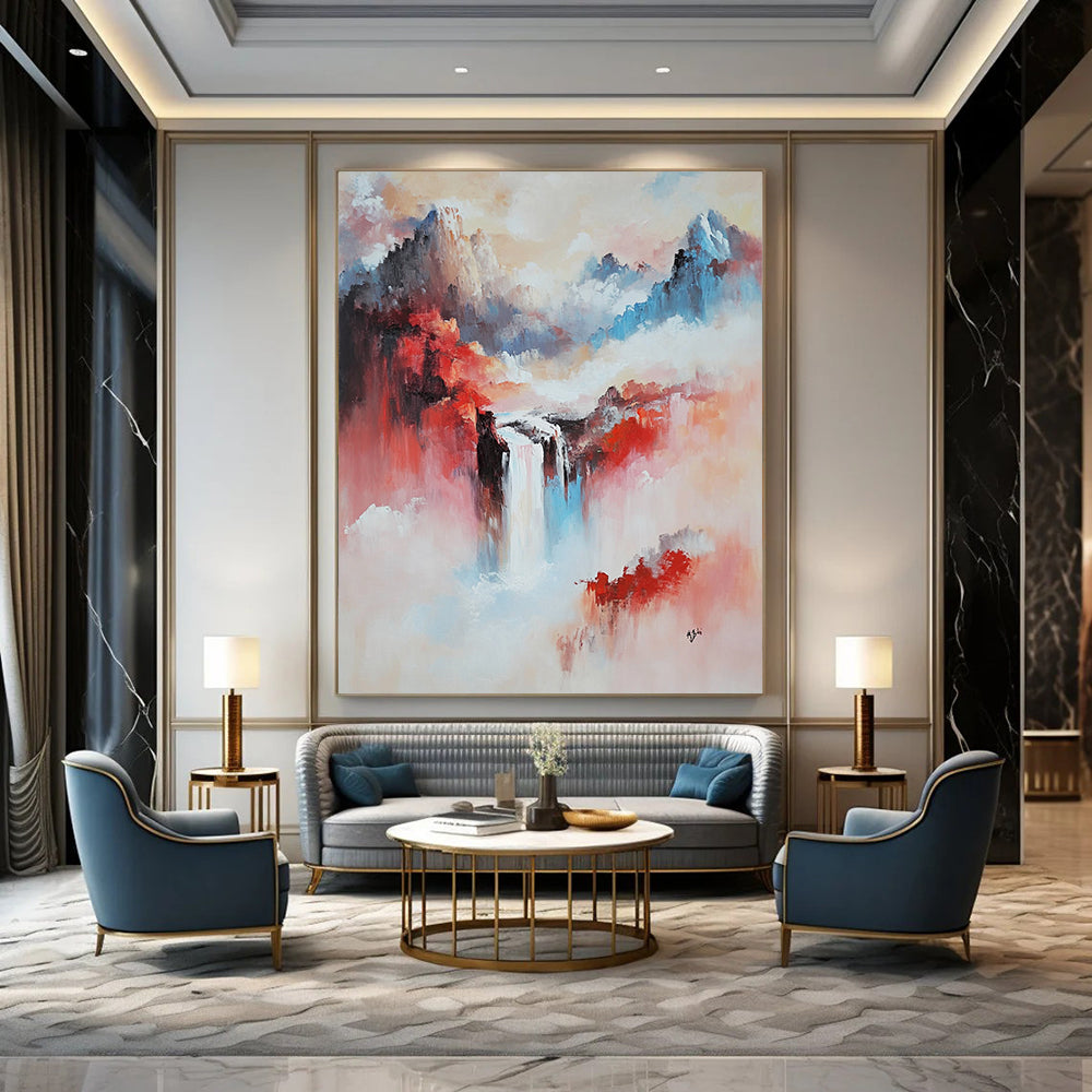 Large contemporary abstract painting featuring a mountainous Chinese landscape with a vibrant waterfall in pink and red tones. DLZ0605