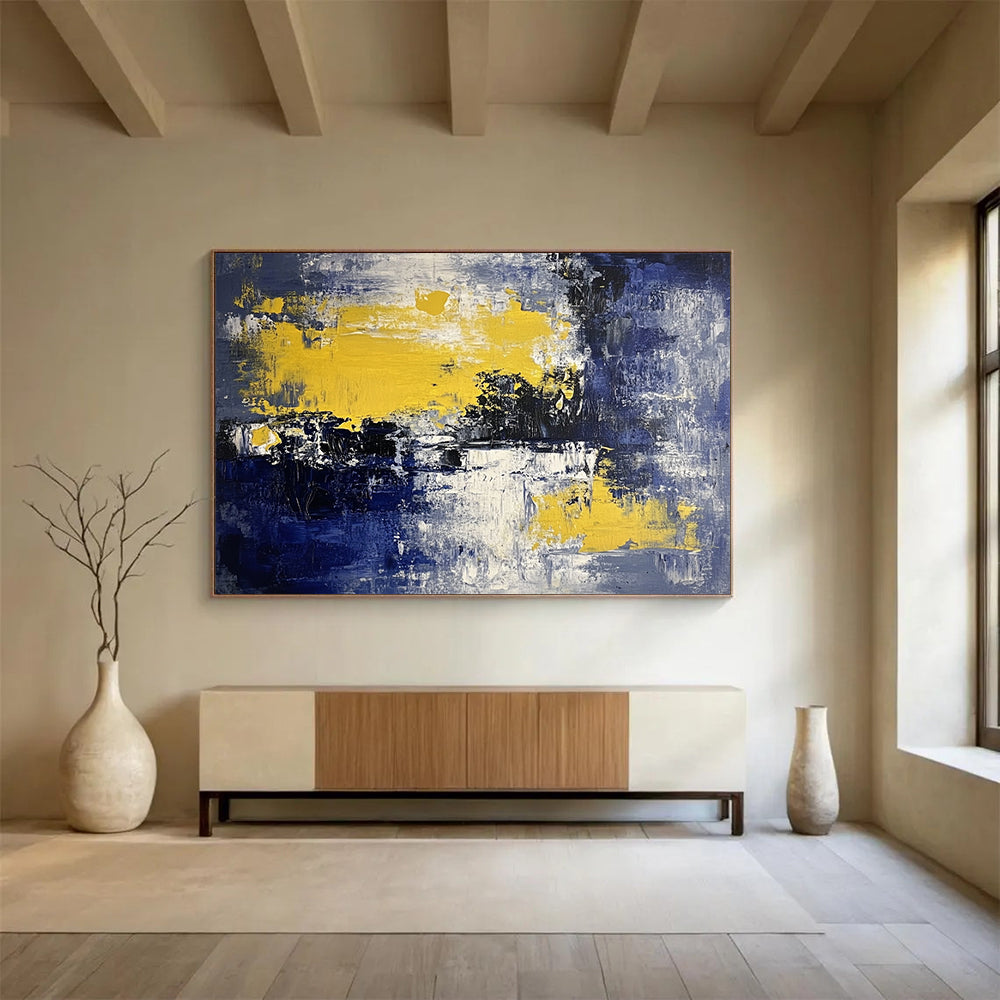 “Blue, Yellow, and White Abstract Landscape” - Blue, yellow, white, black; Abstract landscape with color blocks; Acrylic Painting On Canvas HB1222