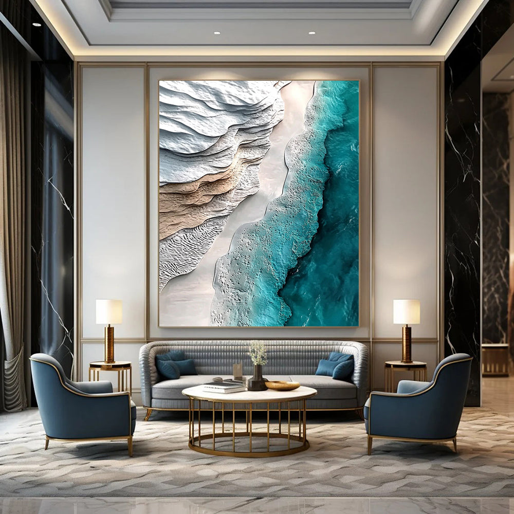 Contemporary hand-painted abstract art capturing serene white sand and turquoise water in a hyper-realistic aerial view. Ideal for modern decor. DLZ0280