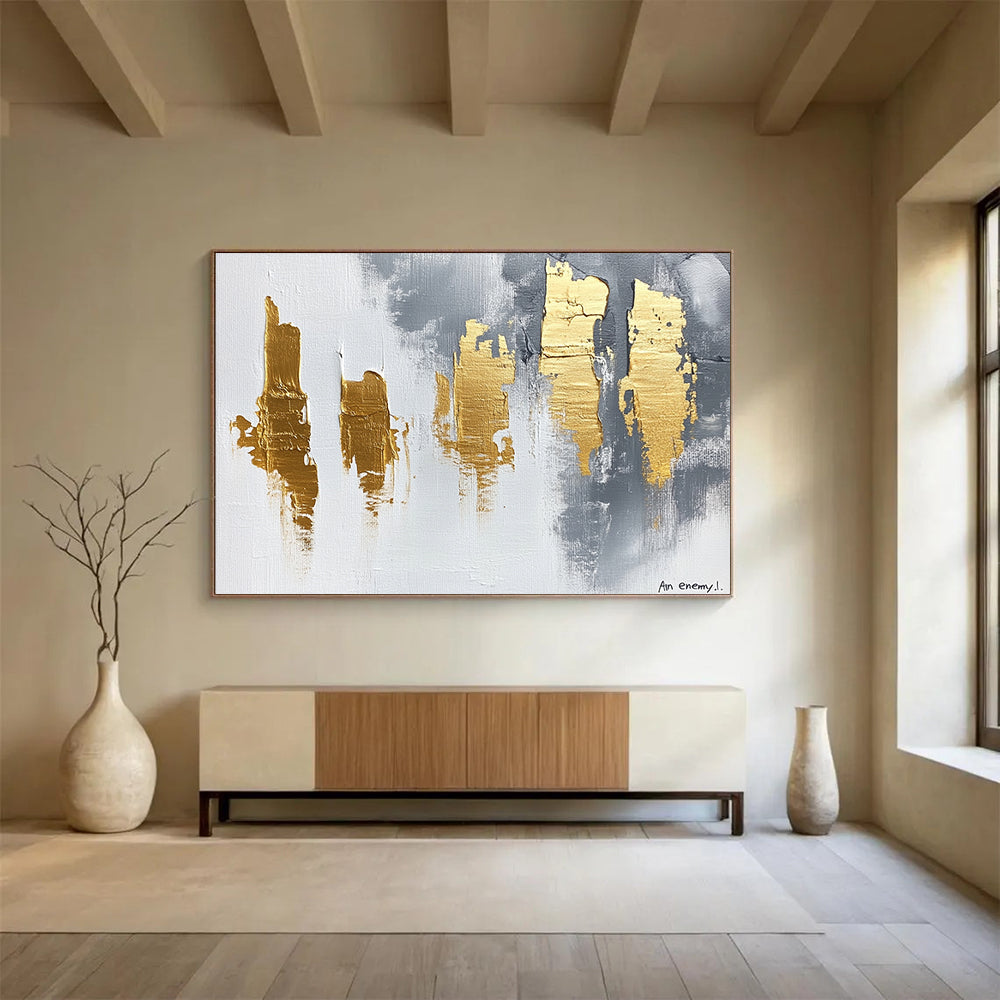 “Gray - Gold Strokes” - White, Gray, Gold with Bold Strokes - Abstract Acrylic Painting HB1339