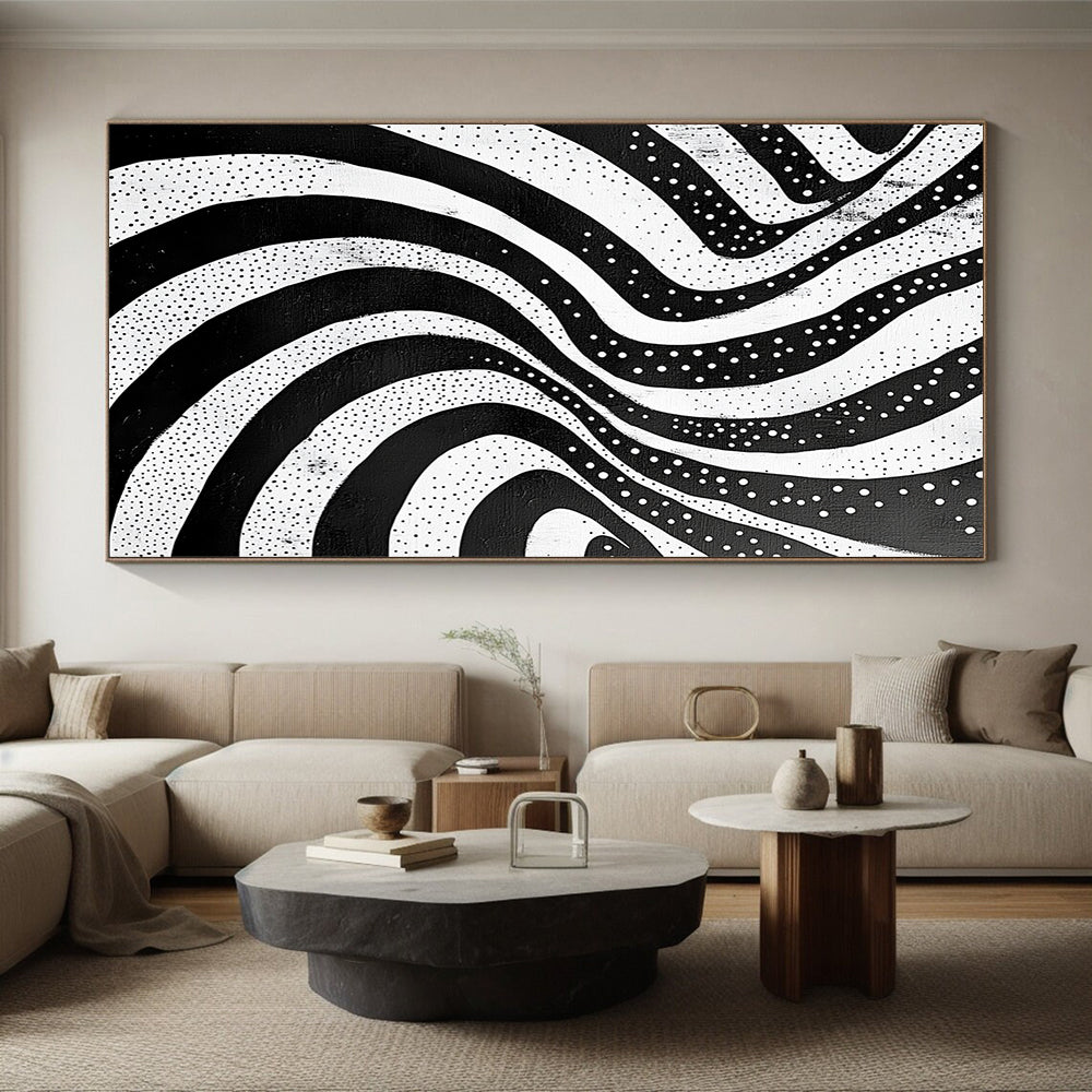 Black and White Wavy Dots "Rhythmic Flow" Painting On Canvas HB255