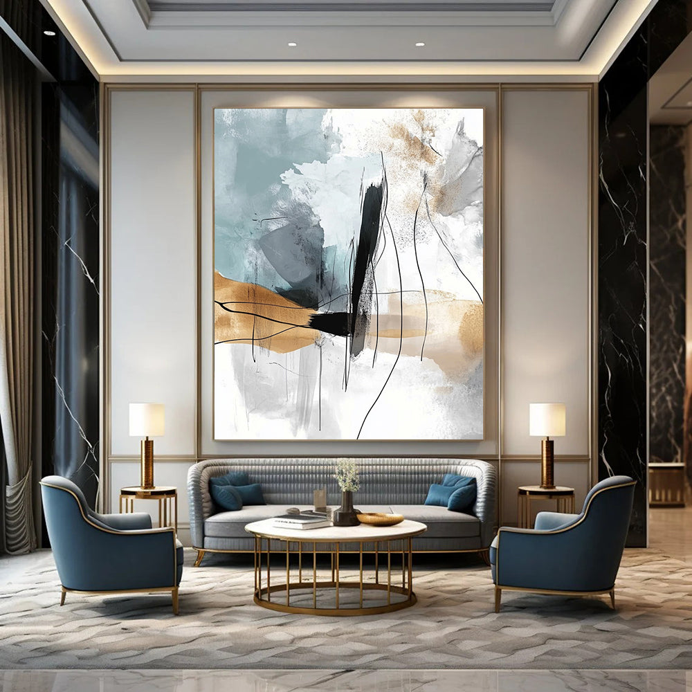 Large contemporary abstract painting featuring soft lines and shapes with a light gray-blue background and flowing watercolor effects in a warm beige palette. DLZ0769