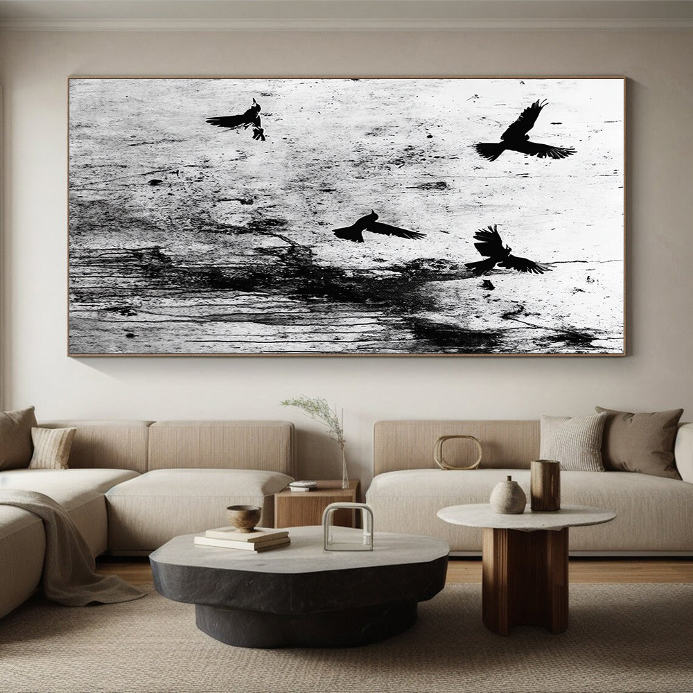 Black Birds on Grunge Wall "Urban Flight" Painting On Canvas HB304