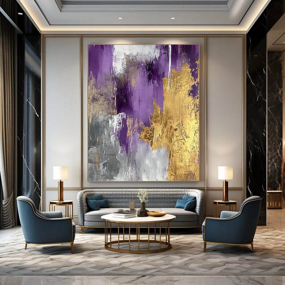 Contemporary hand-painted abstract art features gold and silver foil on a lilac palette, creating elegance and serene sophistication with metallic accents. DLZ0275