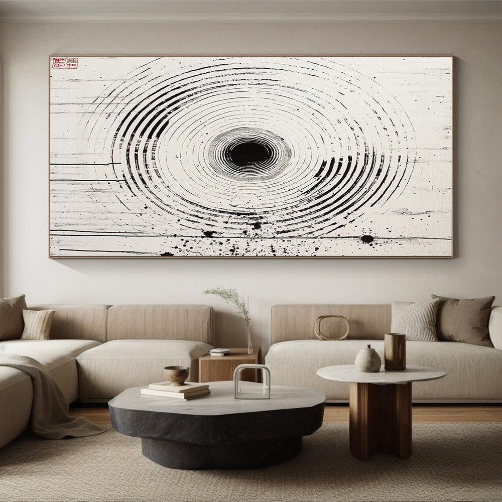 Black Rings with Splashes - “Ink - Wash Universe Rings” Painting On Canvas HB188