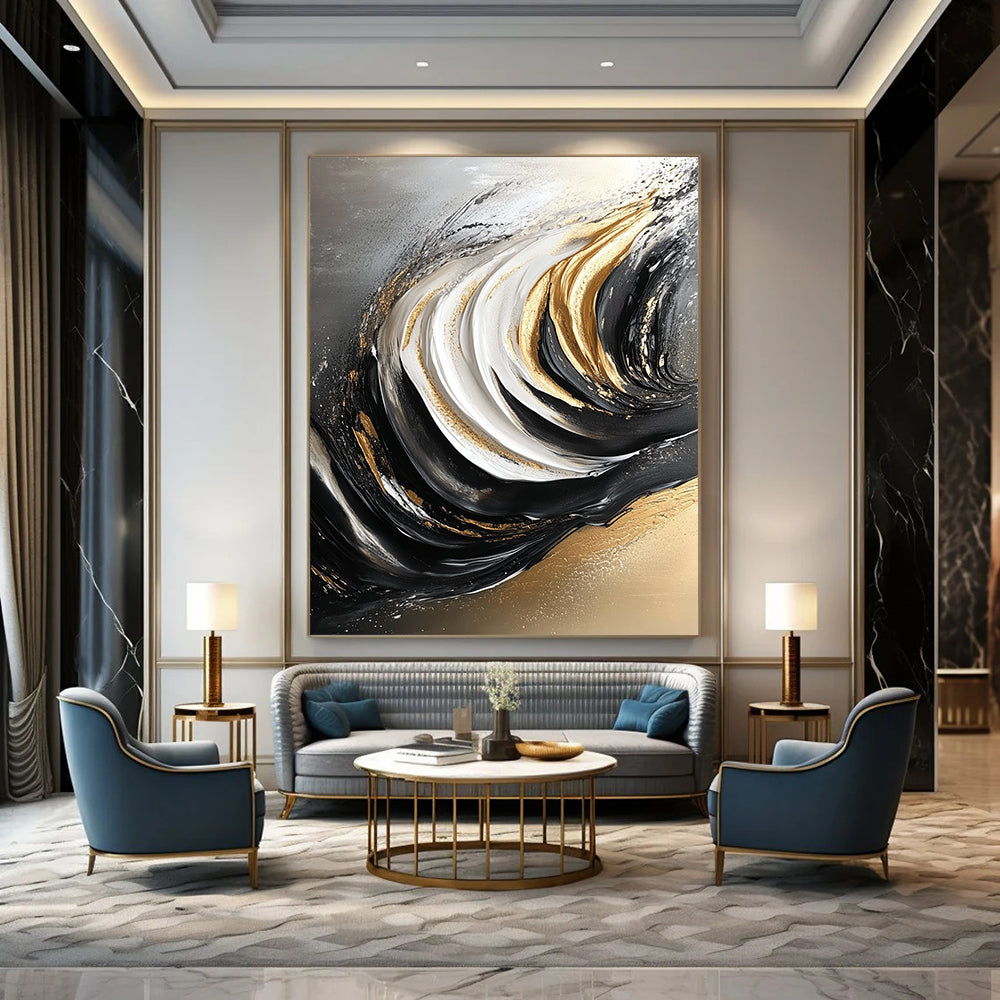 Contemporary hand-painted abstract art featuring flowing grain in black and white with elegant gold accents for a striking visual impact. DLZ0297