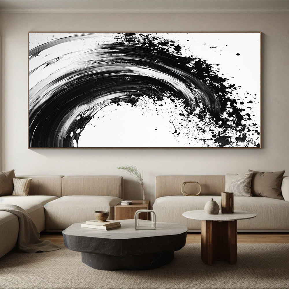 Black, White, Wave - Like Ink Splash "Ink Wave Symphony" Abstract Expressionist Painting On Canvas HB134