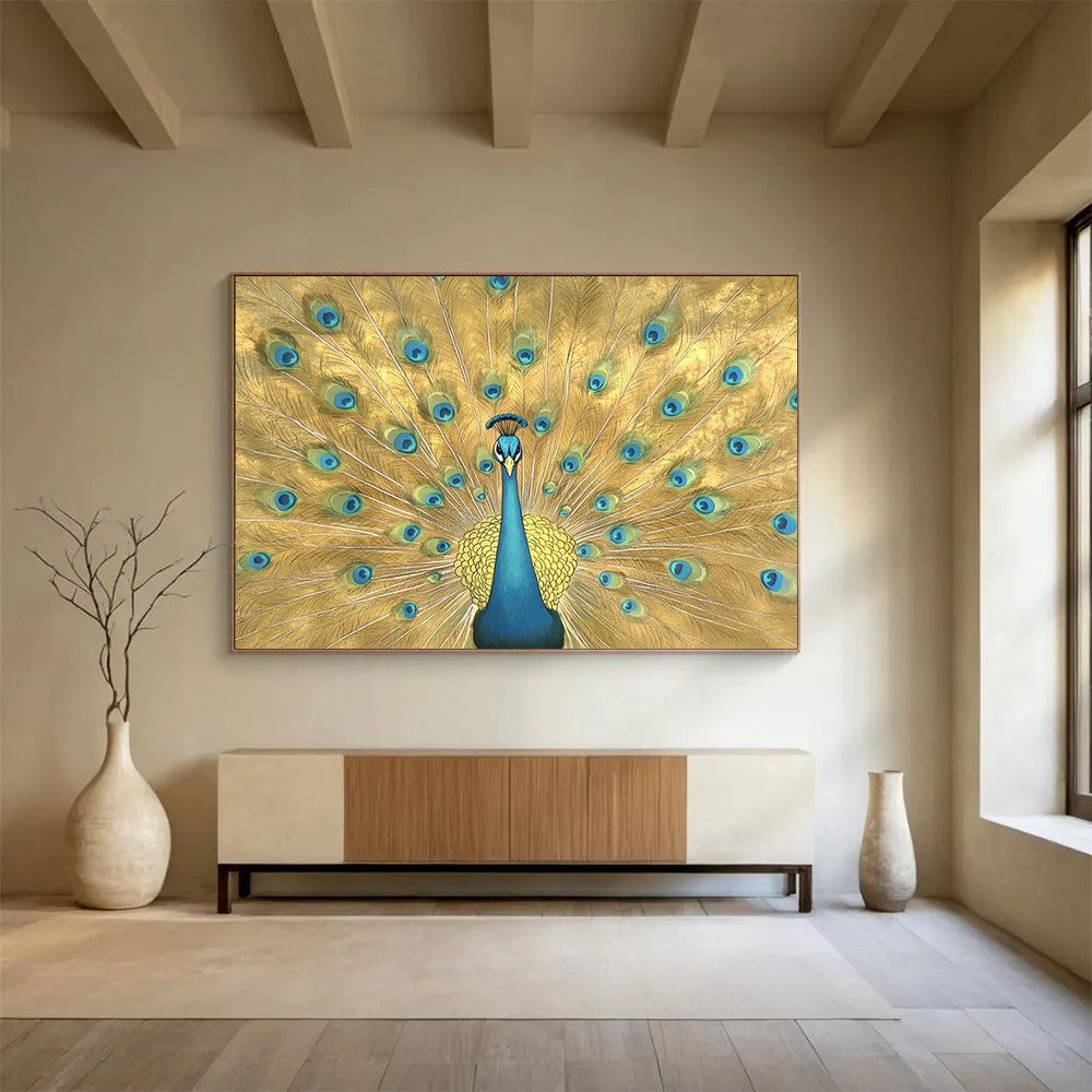 “Golden Peacock Display” - Gold, Blue, Green, Ornate Animal Painting On Canvas HB0687