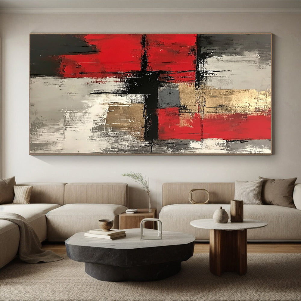 Red, Gray, Gold, Dynamic Blocks "Gilded Chaos" Abstract Expressionist Painting On Canvas HB143