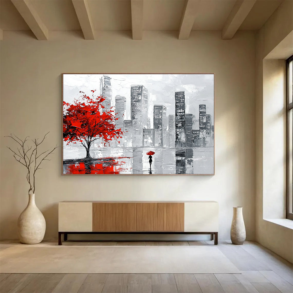 “Red Tree City Walk” - Red, Gray, Black, Urban Scene with Figure - Impasto Acrylic Painting HB1673