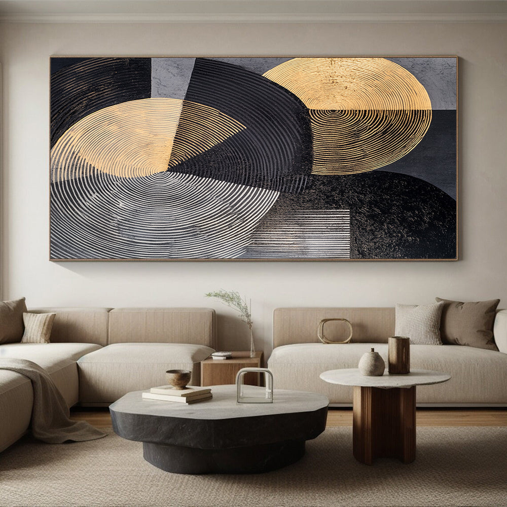 Gray, Black, Gold and Silver Geometric Abstraction "Elegant Geometry" Painting On Canvas HB385