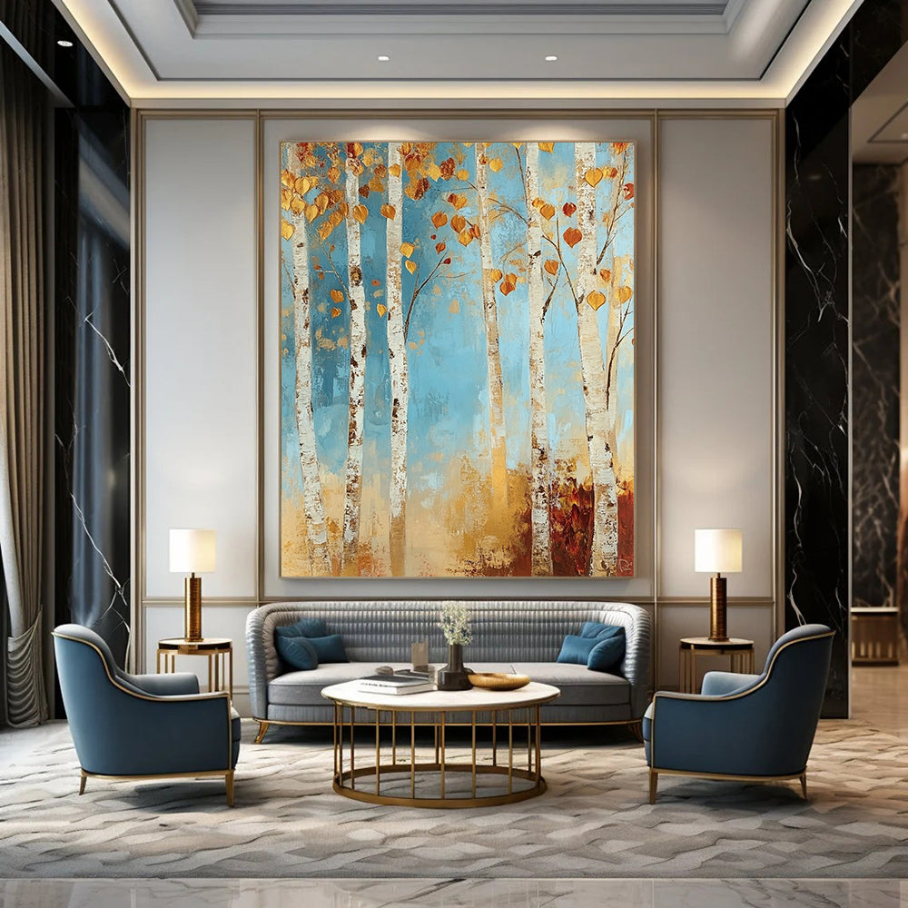 Contemporary abstract painting featuring a tranquil birch forest with autumn hues in soft blues and golds, adding warmth to your space. DLZ1456