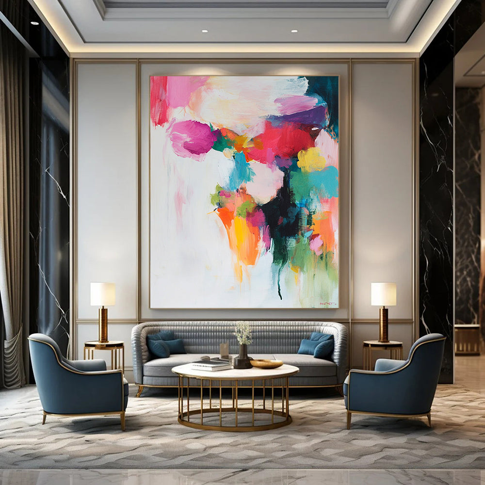 Contemporary abstract painting features soft colors in brush strokes and shapes on a white background with pinks reds greens yellows and blues. DLZ0687