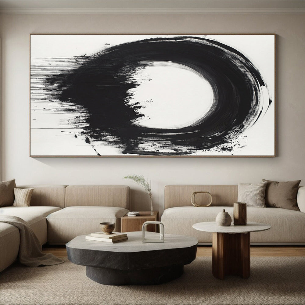 Black Circular Brushstroke with Dripping Paint - “Melting Enso” Painting On Canvas HB247