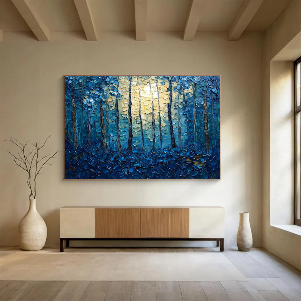 “Moonlit Forest in Blue” - Blues, Yellows, Browns, Textured Forest Scene - Impasto Landscape Painting HB1557