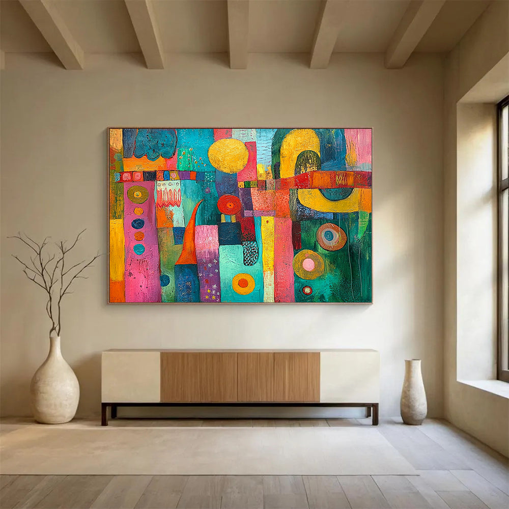 “Vibrant Colorful Mosaic” - Pink, Blue, Yellow, Mixed Patterns - Folk - Inspired Acrylic Painting HB1521