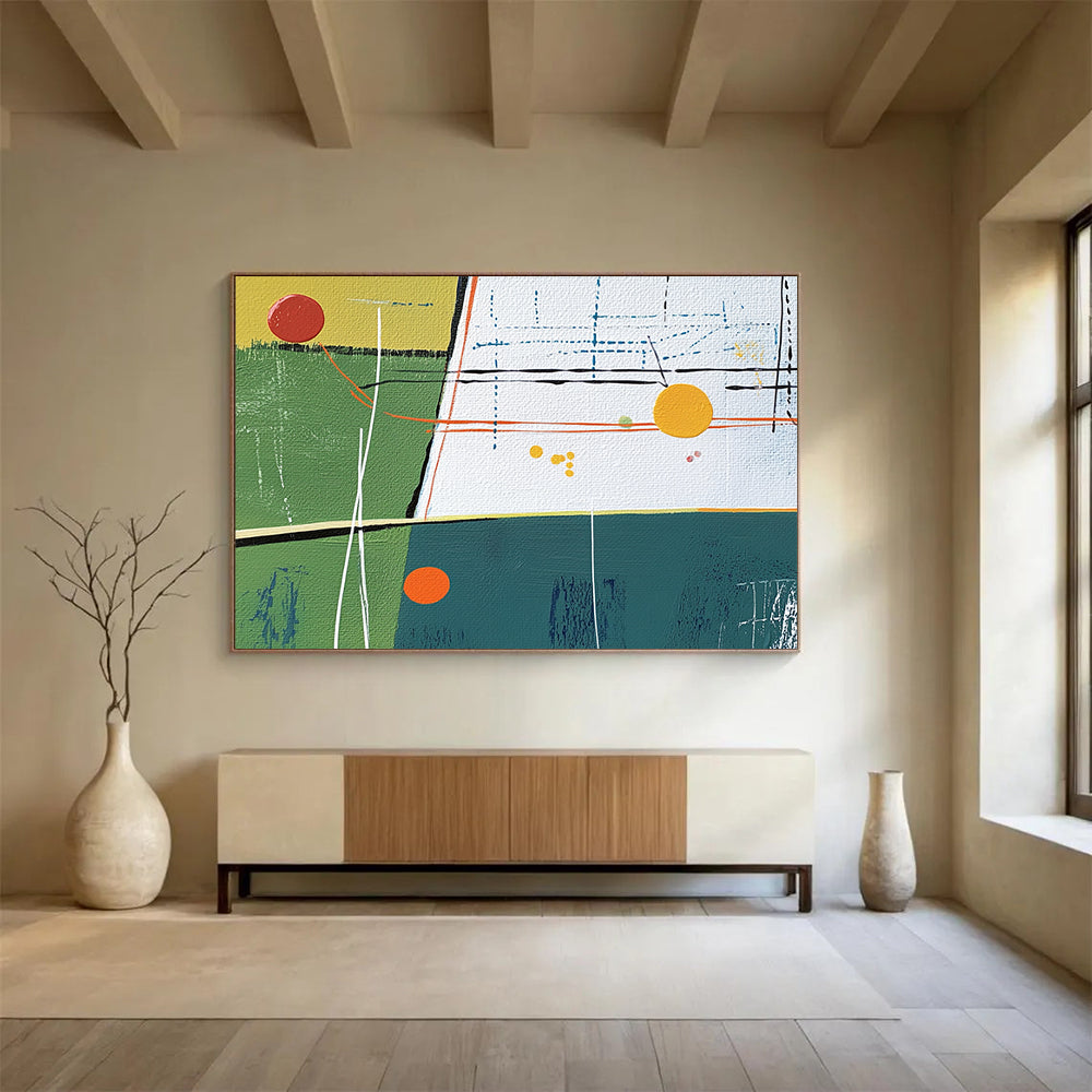 “Colorful Geometric Landscape” - Green, Yellow, Blue, Red with Geometric Forms - Abstract Acrylic Painting HB1354