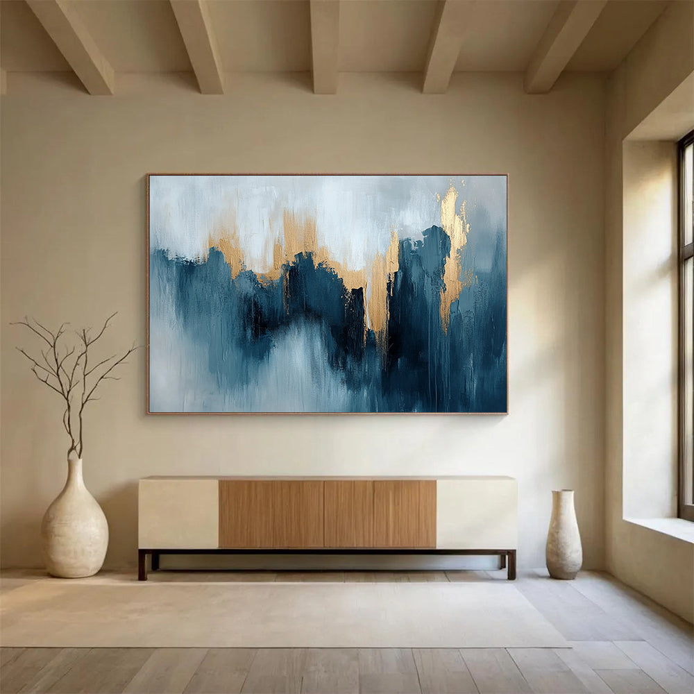 “Teal - Gray Abstract with Gold Peaks” - Teal, Gray, Gold, Mountain - Like Shapes Painting On Canvas HB0827