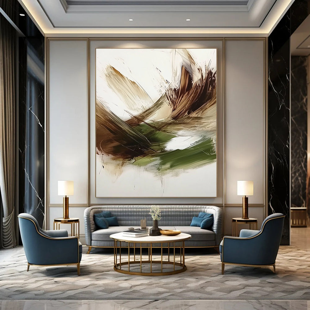 Contemporary hand-painted abstract art features a rich green, brown, and white palette with textured brush strokes and a dark beige backdrop. DLZ0447