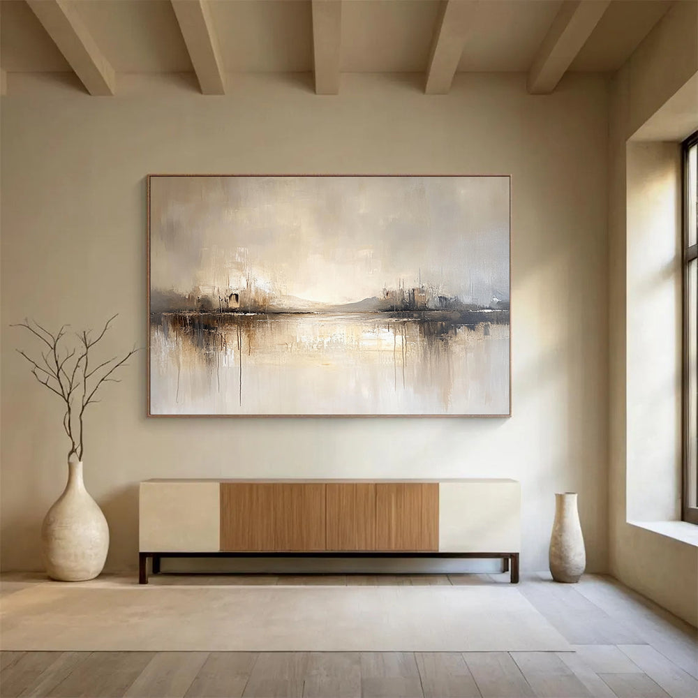 “Neutral Lake Reflection” - Beige, Gray, Subtle Peaks and Reflective Lake Painting On Canvas HB0931